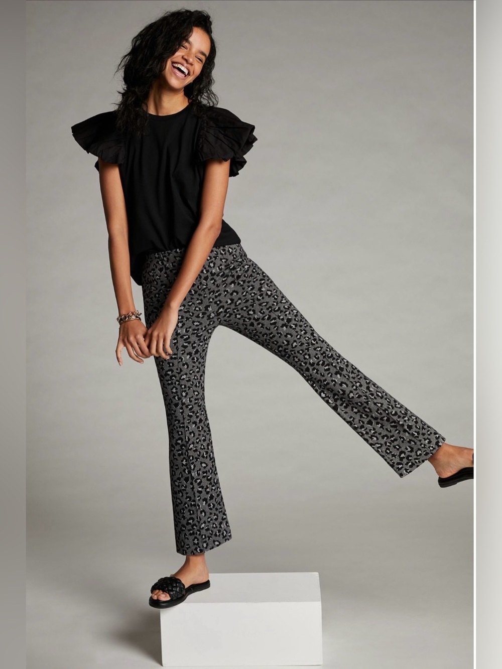 Anthropologie Maeve Mollie Flare Pants Black & Gray Leopard XS